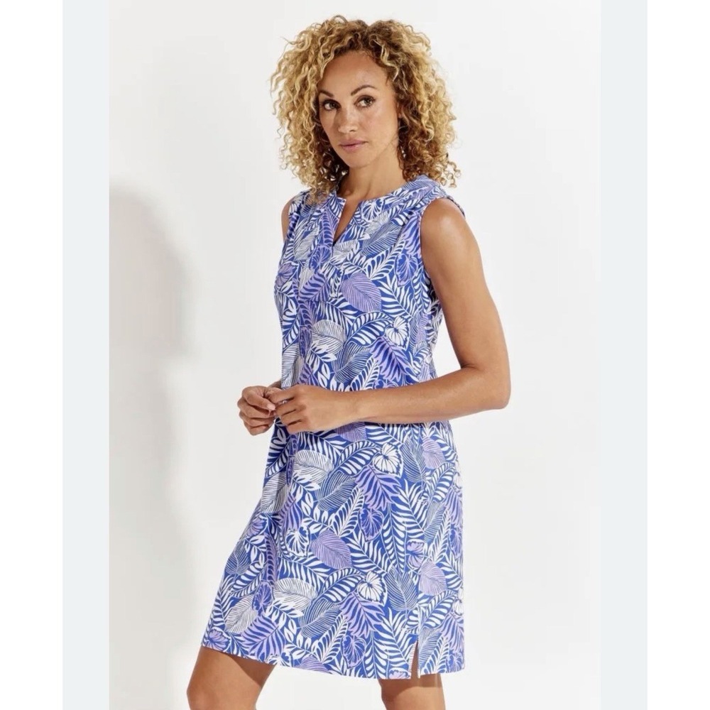 Coolibar Oceanside S Tank Tunic Dress UPF 50+ Blue Purple Palm Sun Beach Coastal